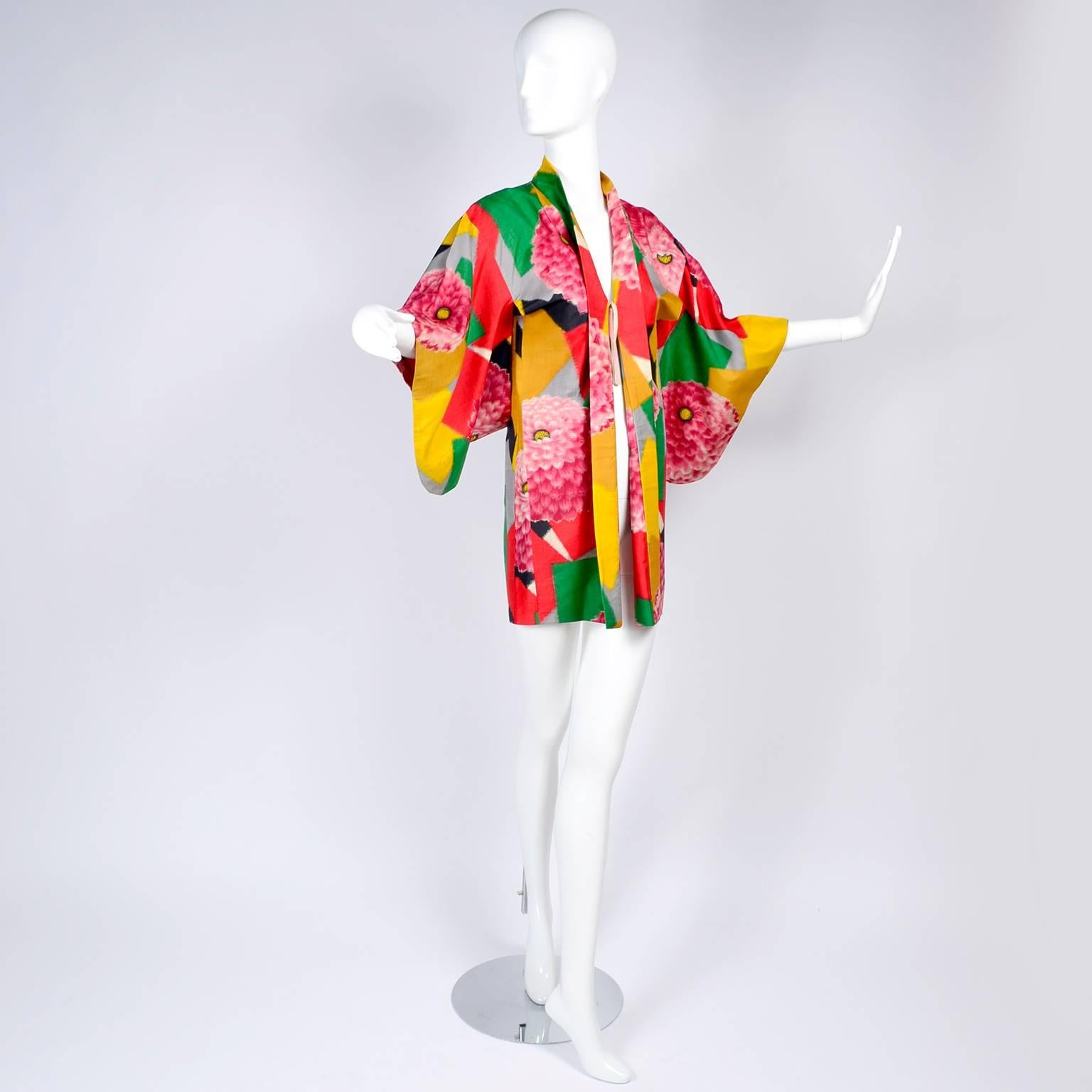 Japanese Vintage Haori Silk Kimono Jacket in Bold Zinnia and Geometric Print 1