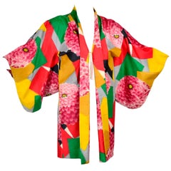 Japanese Vintage Haori Silk Kimono Jacket in Bold Zinnia and Geometric Print 