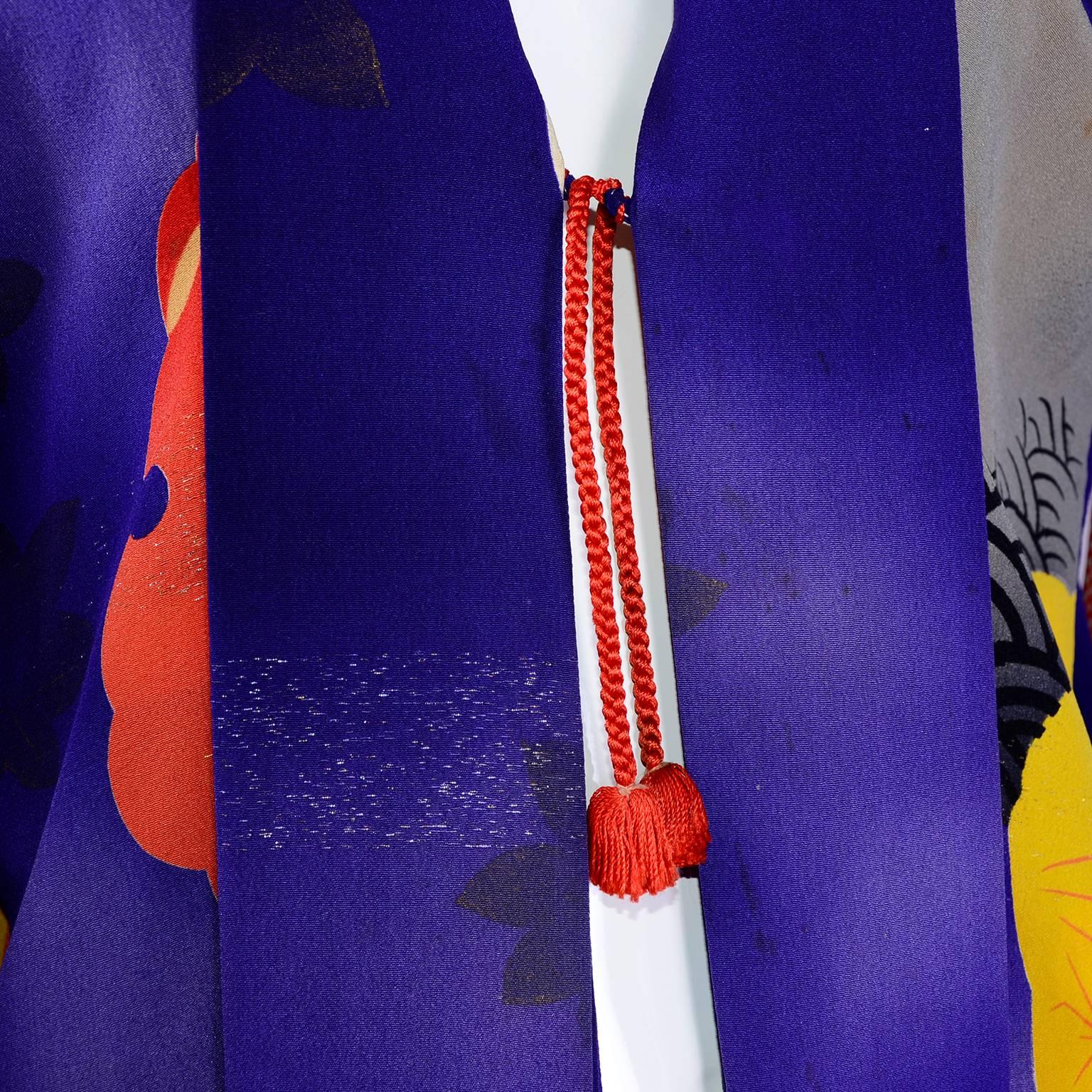 Japanese Vintage Purple Silk Haori Kimono Jacket with Orange / Yellow Mon Crests 5