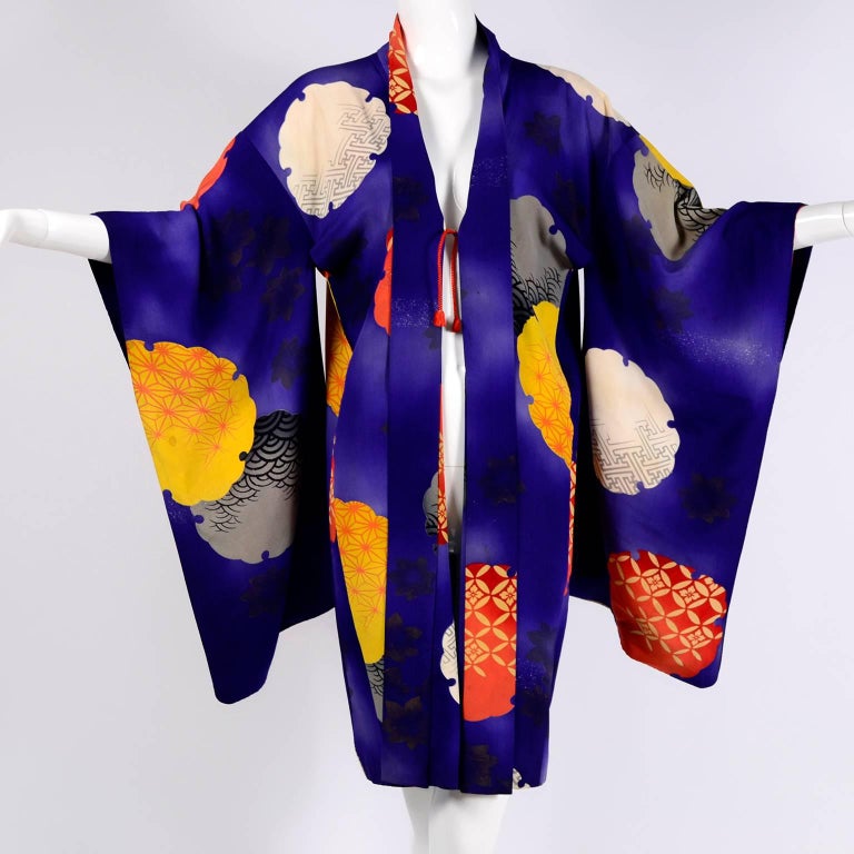 Japanese Vintage Purple Silk Haori Kimono Jacket with Orange / Yellow ...