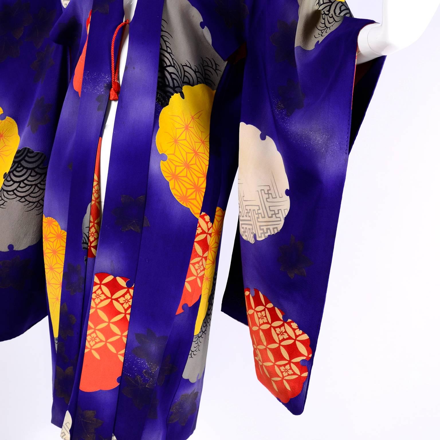 Japanese Vintage Purple Silk Haori Kimono Jacket with Orange / Yellow Mon Crests 1