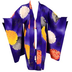 Japanese Vintage Purple Silk Haori Kimono Jacket with Orange / Yellow Mon Crests