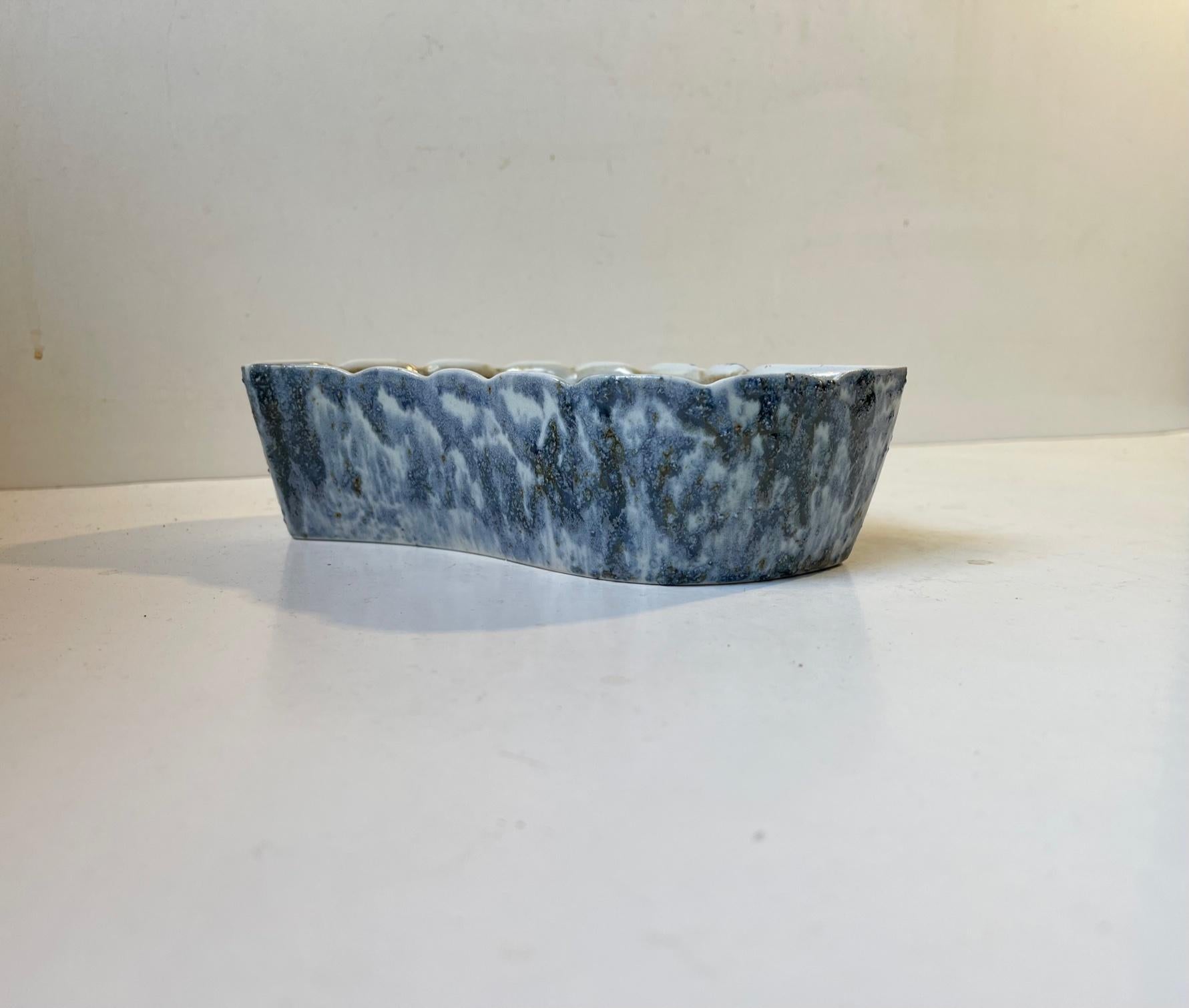 Mid century glazed ceramic ikebana bowl or vase.. Textured glazes - colors are brown, blue, grey and white. Manufactured in Japan circa 1970 by Yamasan. No chips, cracks or repairs. Measures: Height: 5.5cm. Width: 19.5cm. Depth: 9.5cm.