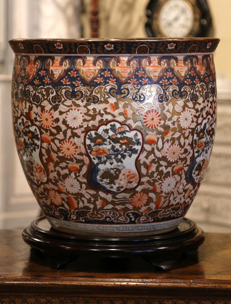 Vintage Japanese Imari Style Fish Bowl on Stand with Floral Decorations