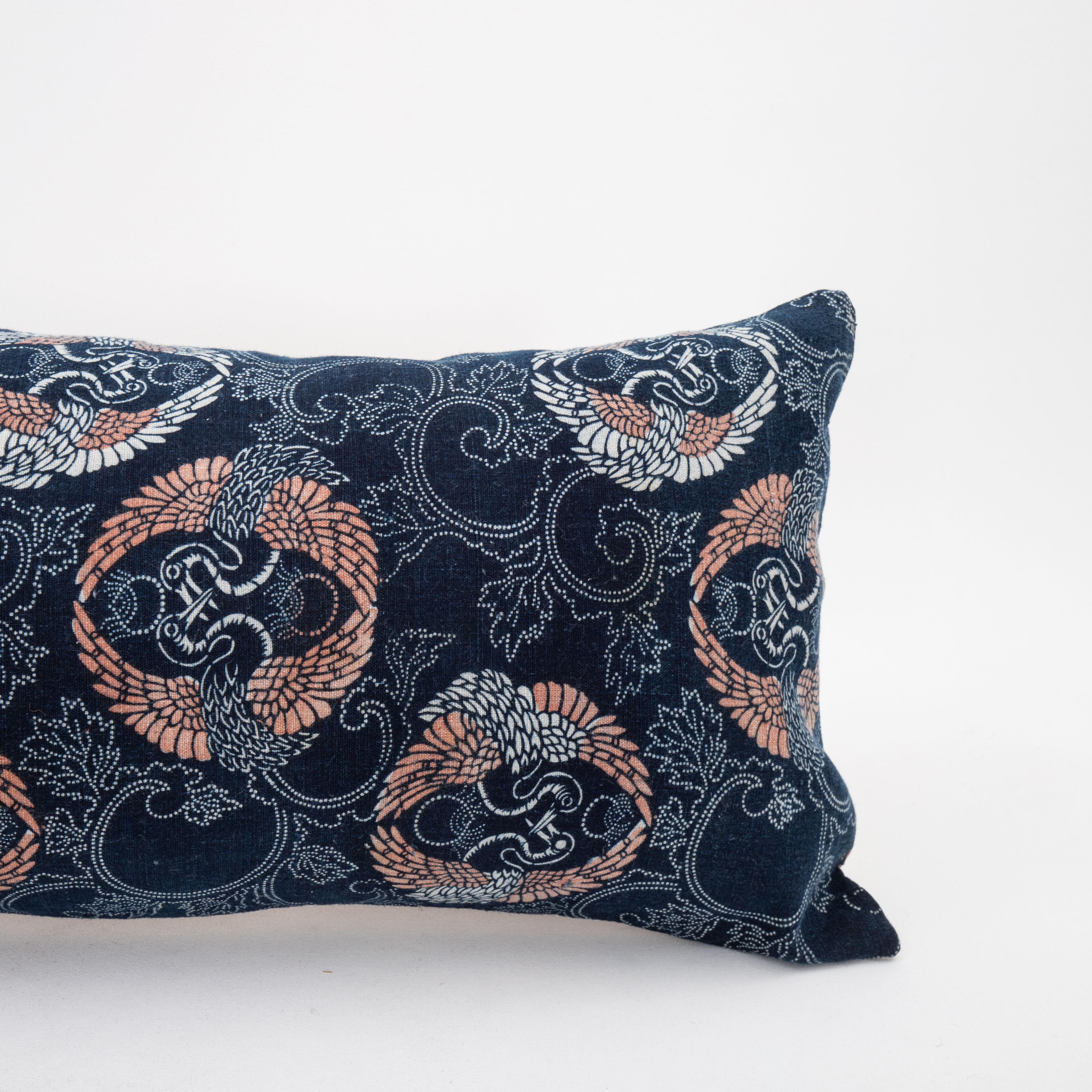 Cotton Vintage Japanese Indigo Batik Lumbar Pillow Case For Sale