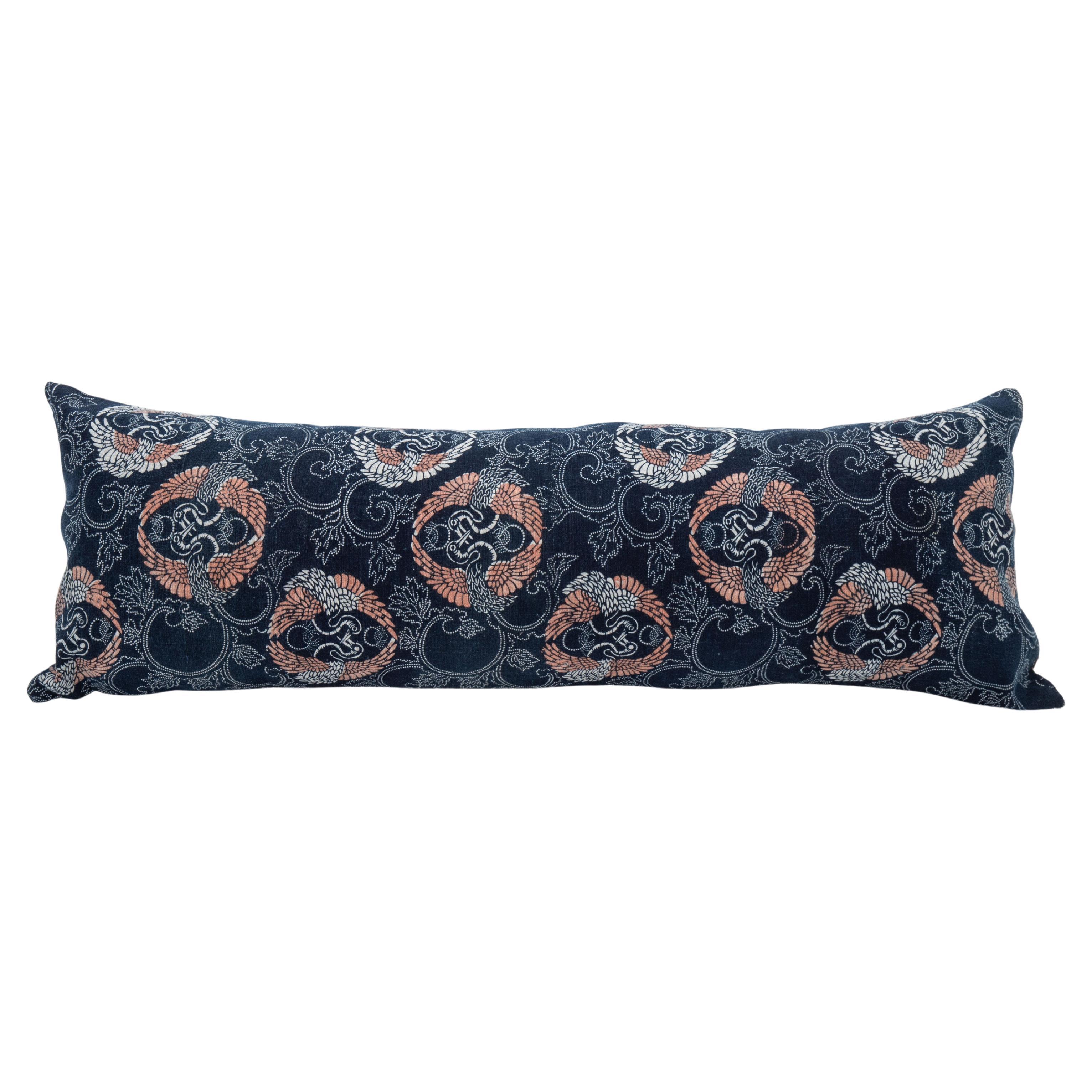 Vintage Japanese Indigo Batik Lumbar Pillow Case For Sale