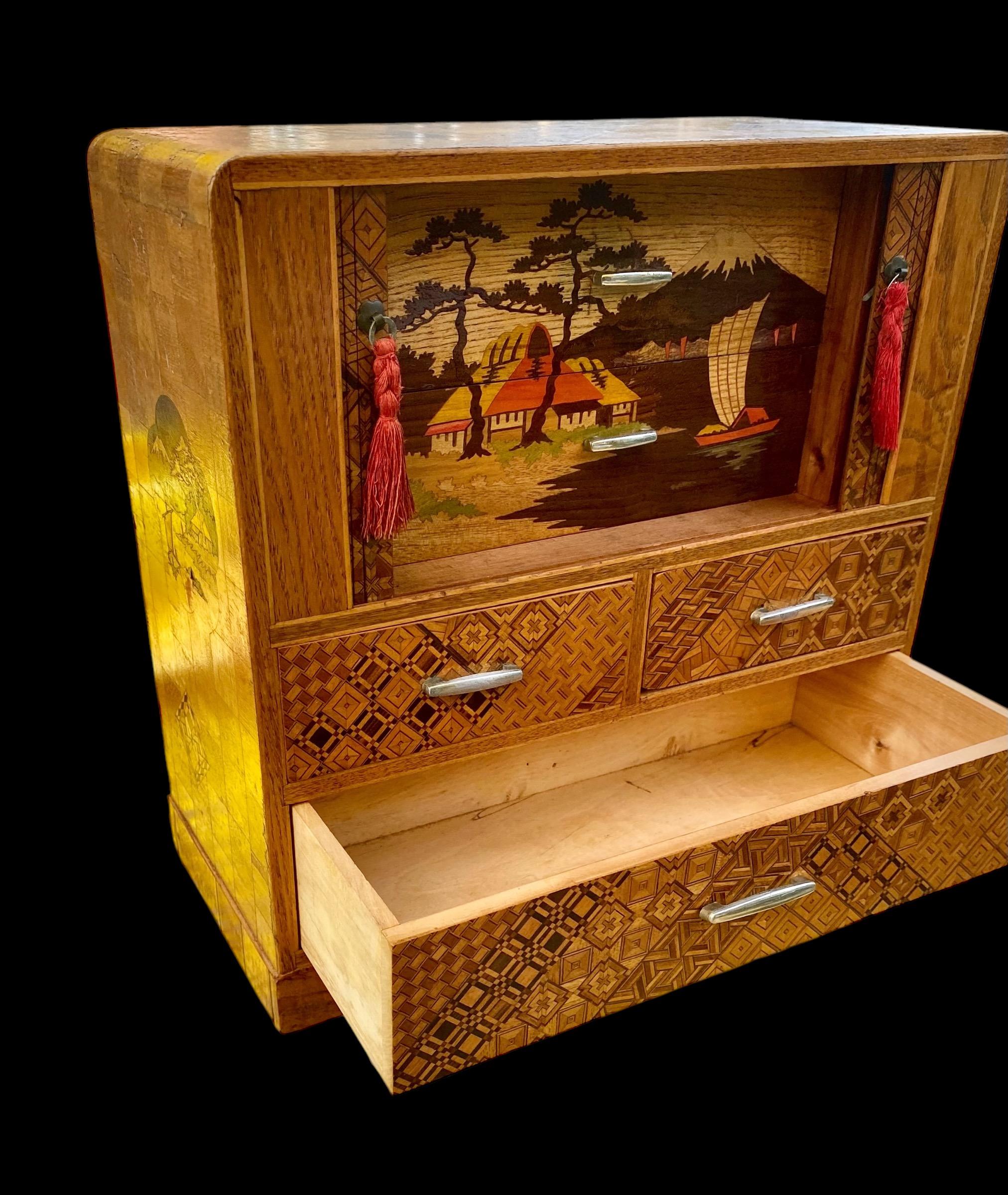 Vintage Japanese Inlaid Marquetry Kodansu/Jewelry Chest with Tambour Doors For Sale 3
