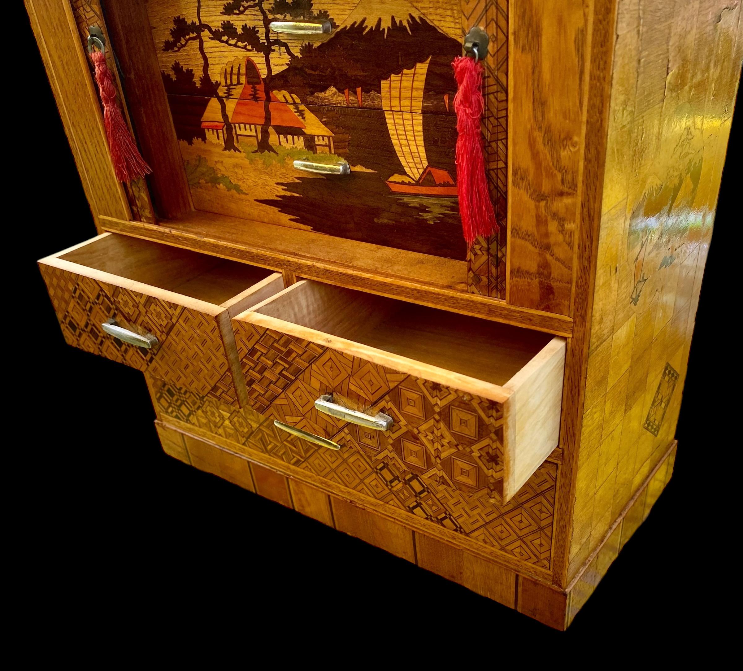 Vintage Japanese Inlaid Marquetry Kodansu/Jewelry Chest with Tambour Doors For Sale 4