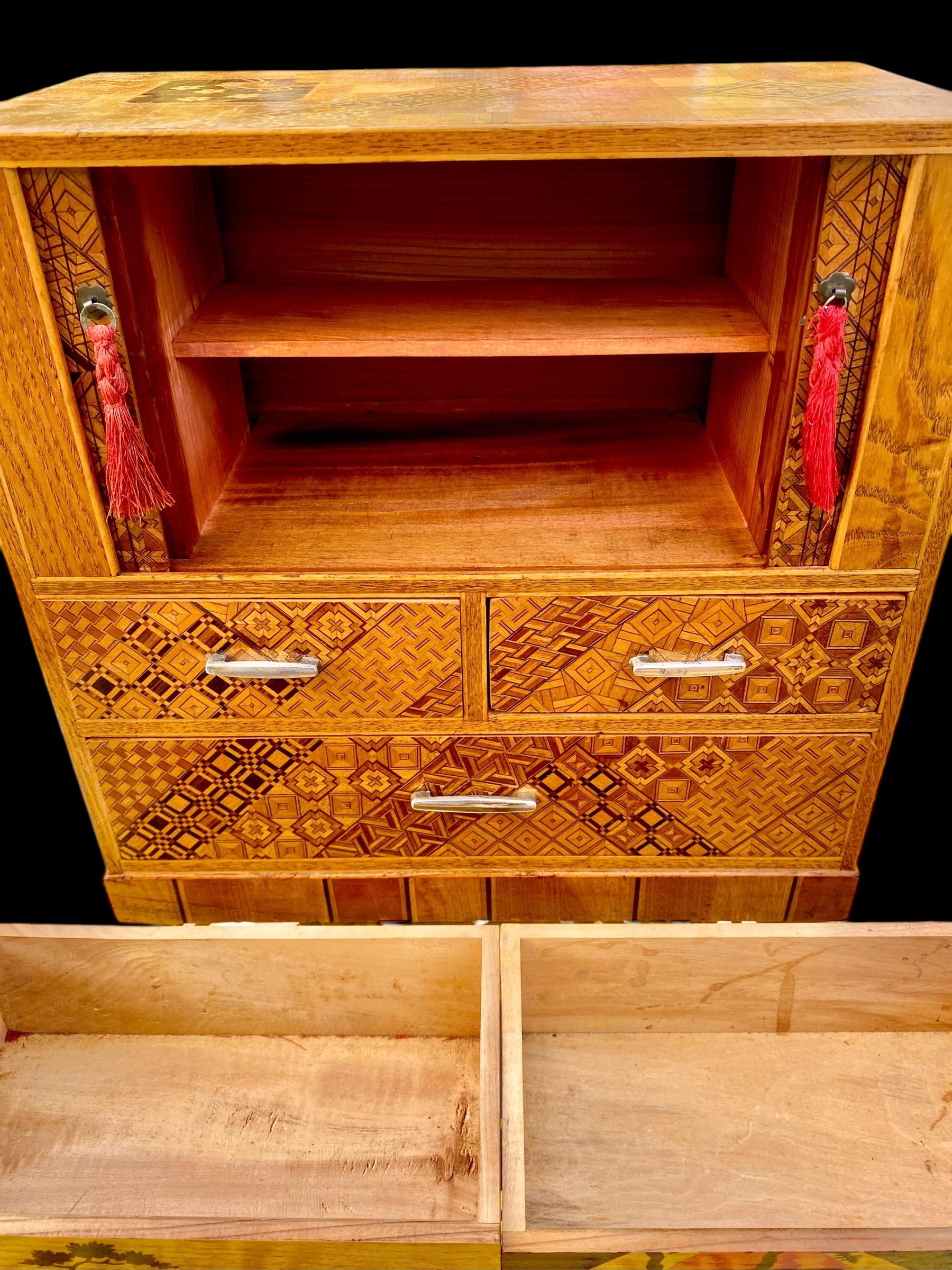 Vintage Japanese Inlaid Marquetry Kodansu/Jewelry Chest with Tambour Doors For Sale 5