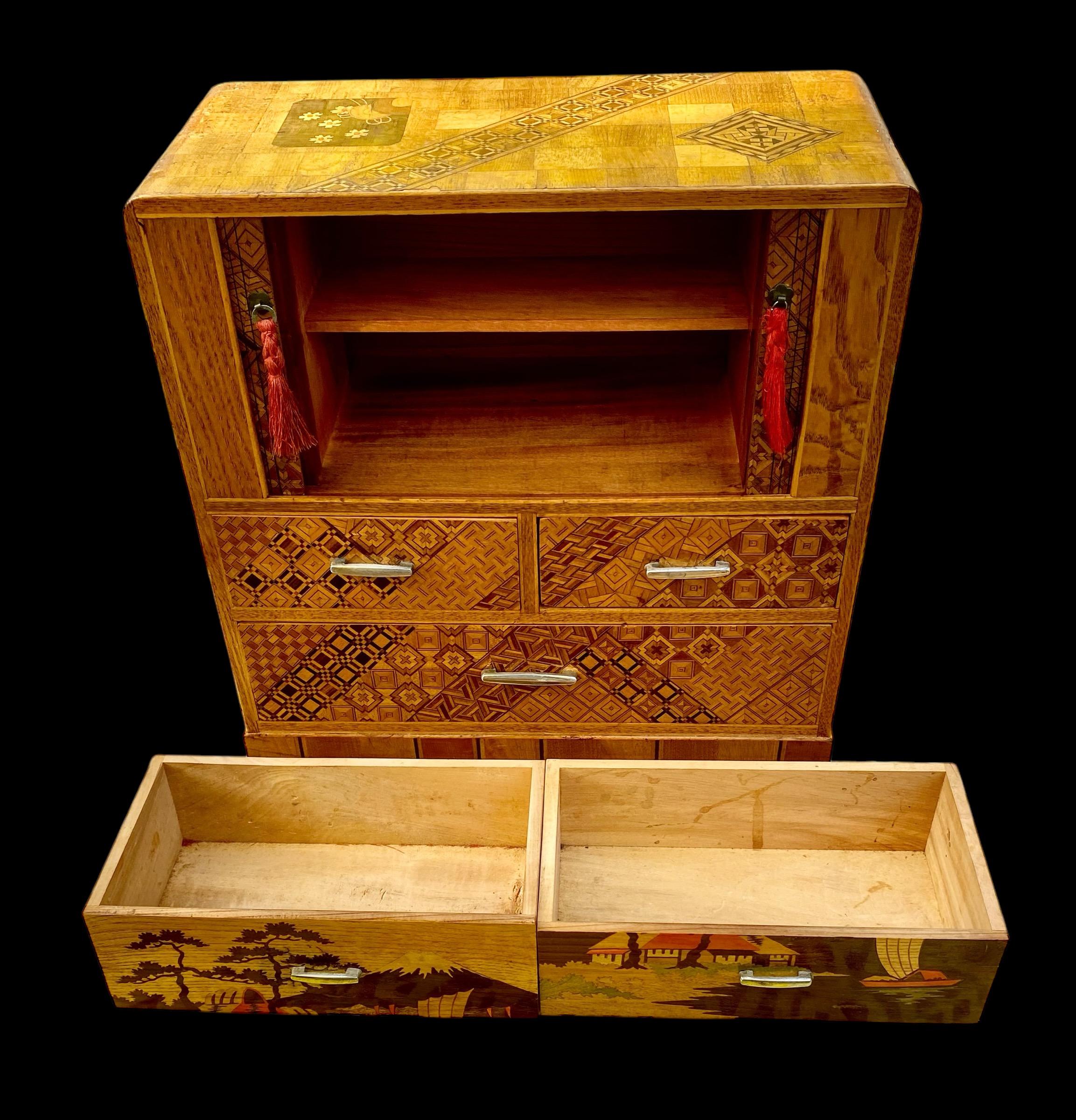 Vintage Japanese Inlaid Marquetry Kodansu/Jewelry Chest with Tambour Doors For Sale 6