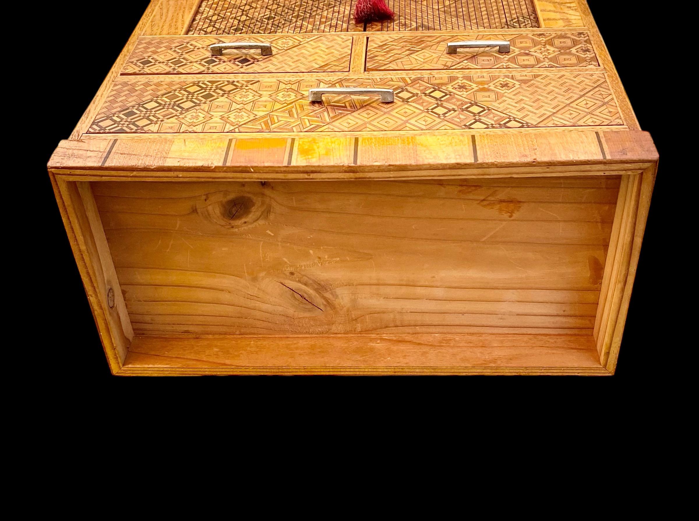 Vintage Japanese Inlaid Marquetry Kodansu/Jewelry Chest with Tambour Doors For Sale 13