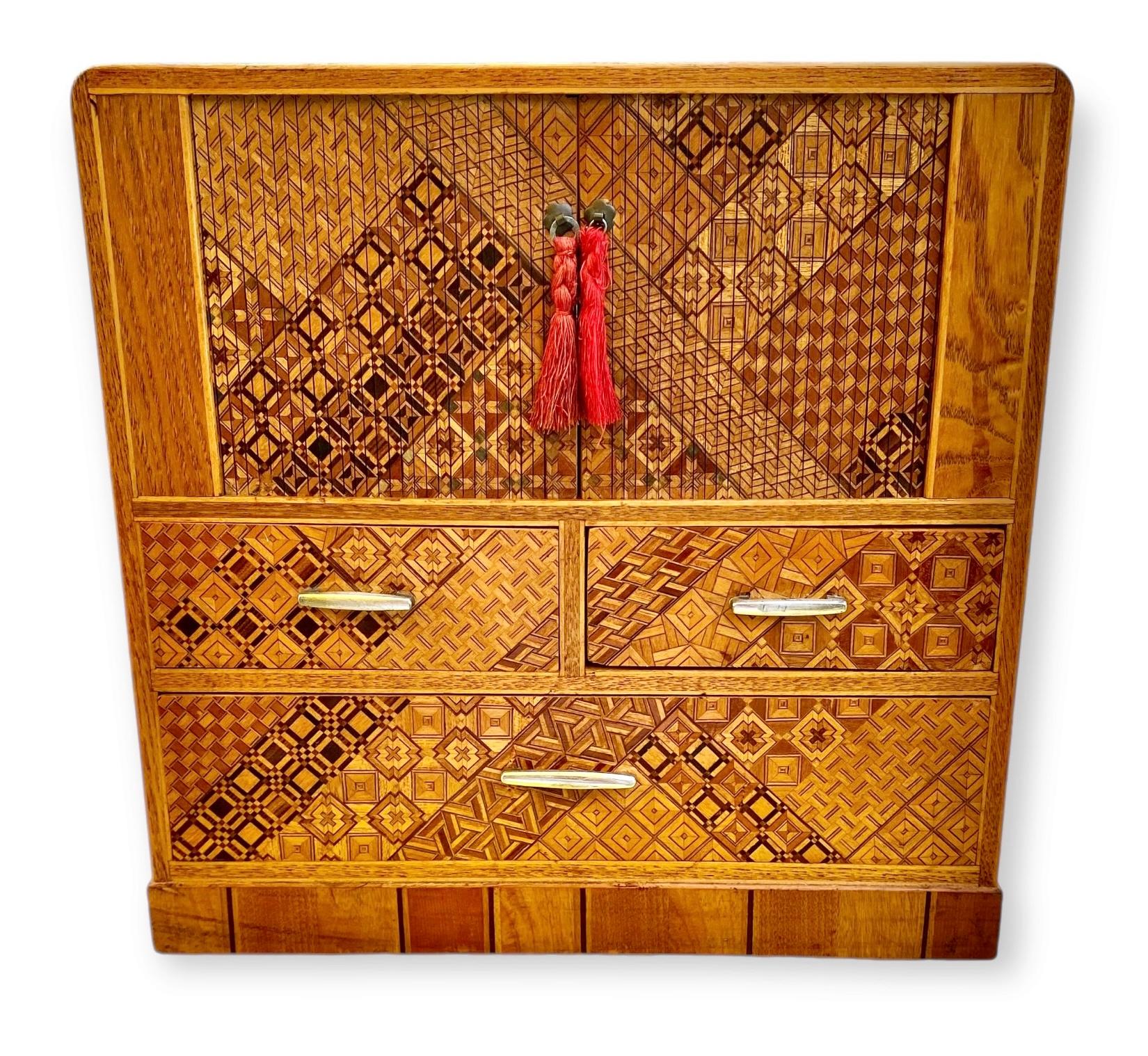 Art Deco Vintage Japanese Inlaid Marquetry Kodansu/Jewelry Chest with Tambour Doors For Sale