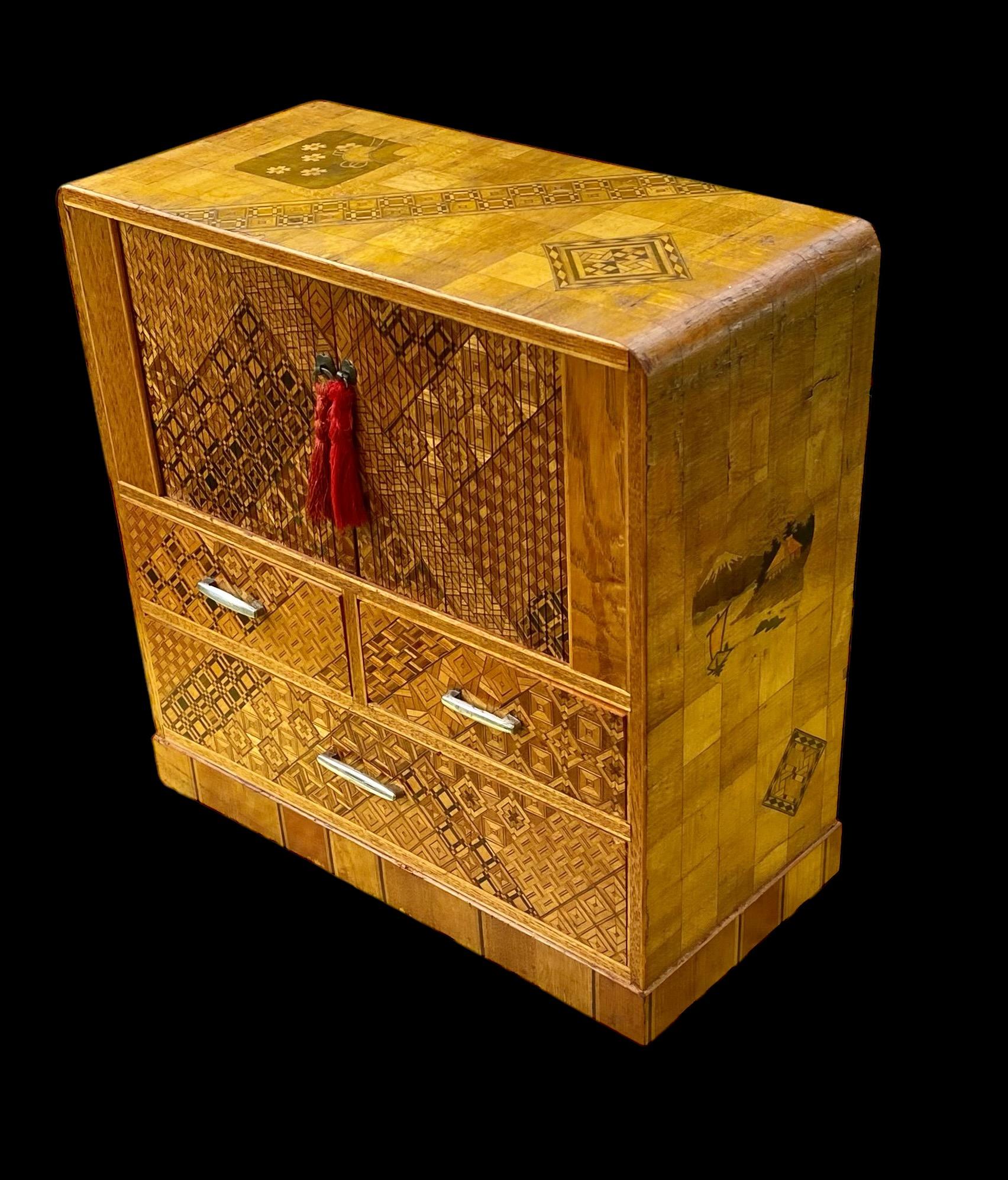 Hand-Crafted Vintage Japanese Inlaid Marquetry Kodansu/Jewelry Chest with Tambour Doors For Sale