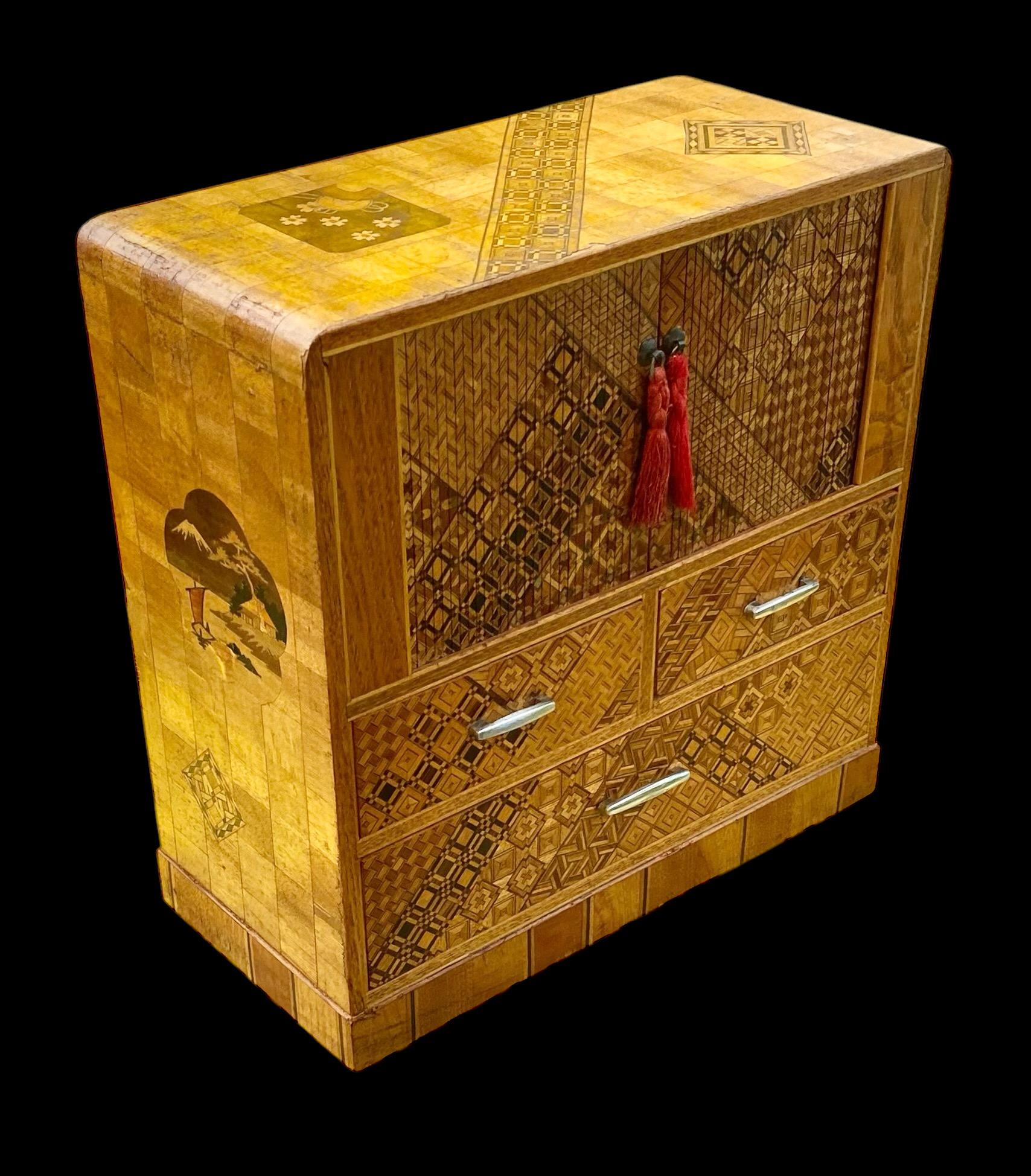 Vintage Japanese Inlaid Marquetry Kodansu/Jewelry Chest with Tambour Doors In Good Condition For Sale In New Orleans, LA