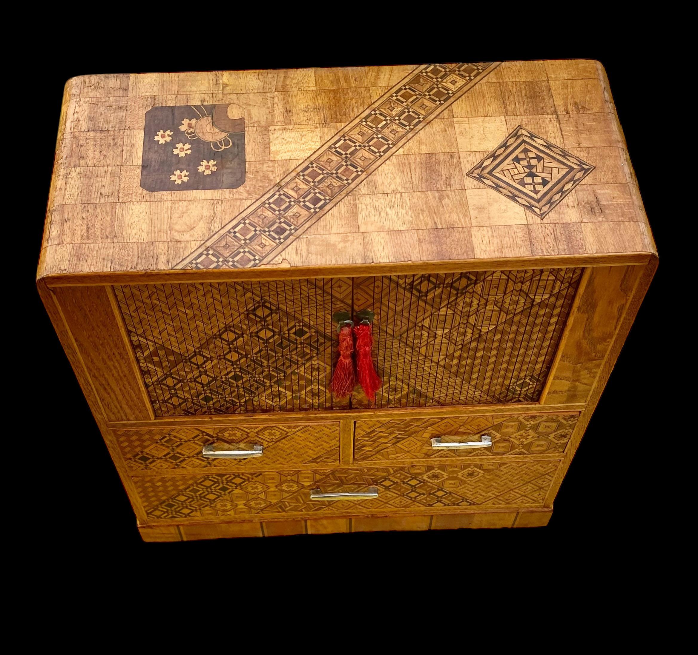 Mid-20th Century Vintage Japanese Inlaid Marquetry Kodansu/Jewelry Chest with Tambour Doors For Sale