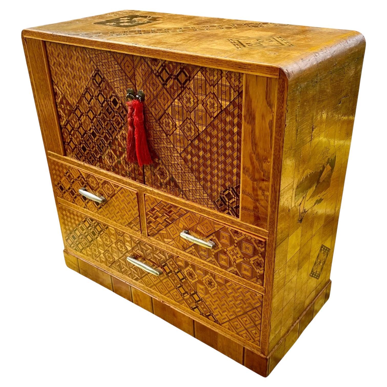 Vintage Japanese Inlaid Marquetry Kodansu/Jewelry Chest with Tambour Doors For Sale