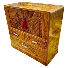 Vintage Japanese Inlaid Marquetry Kodansu/Jewelry Chest with Tambour Doors