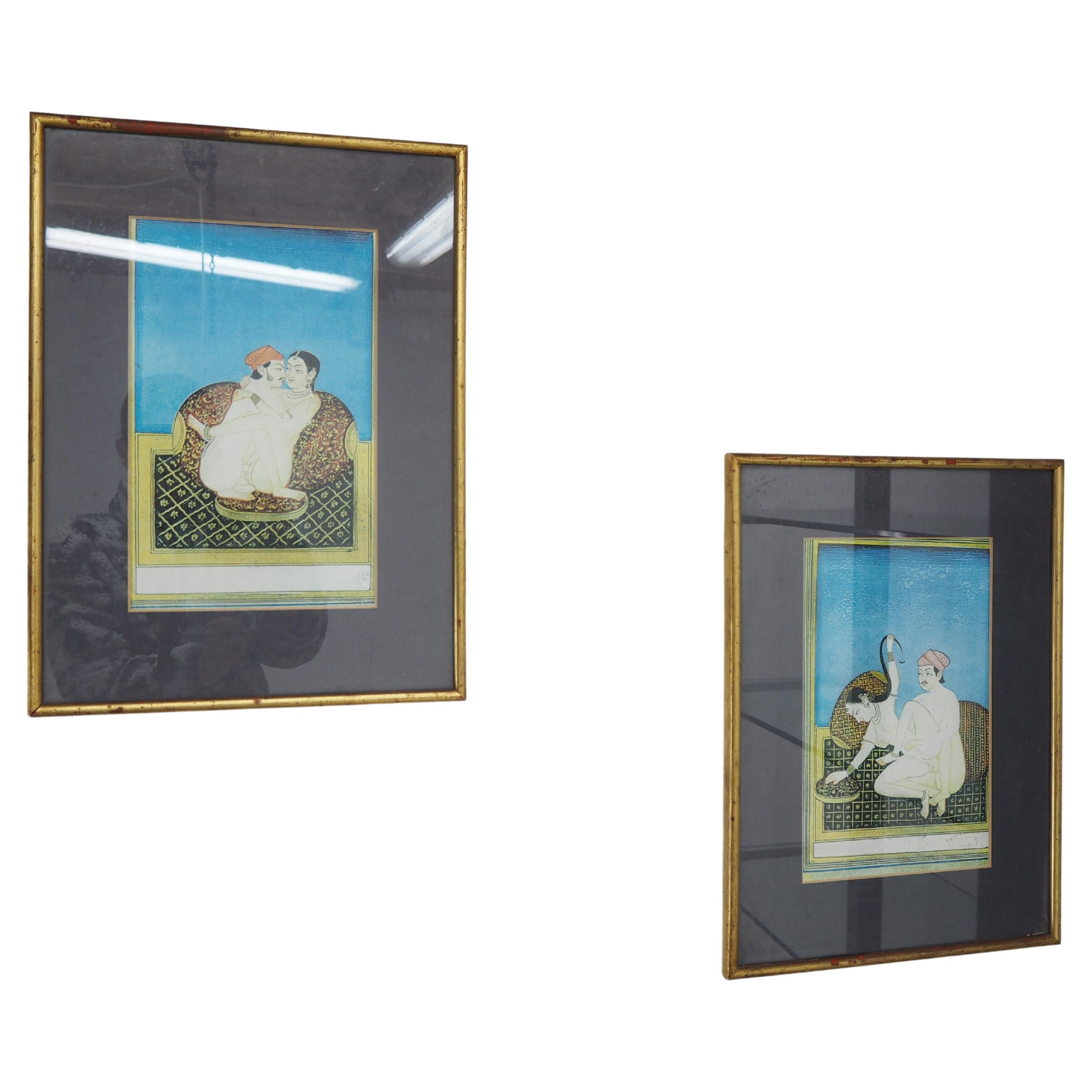 Vintage Japanese Kamasutra Pictures in Wood Frame, 1980s