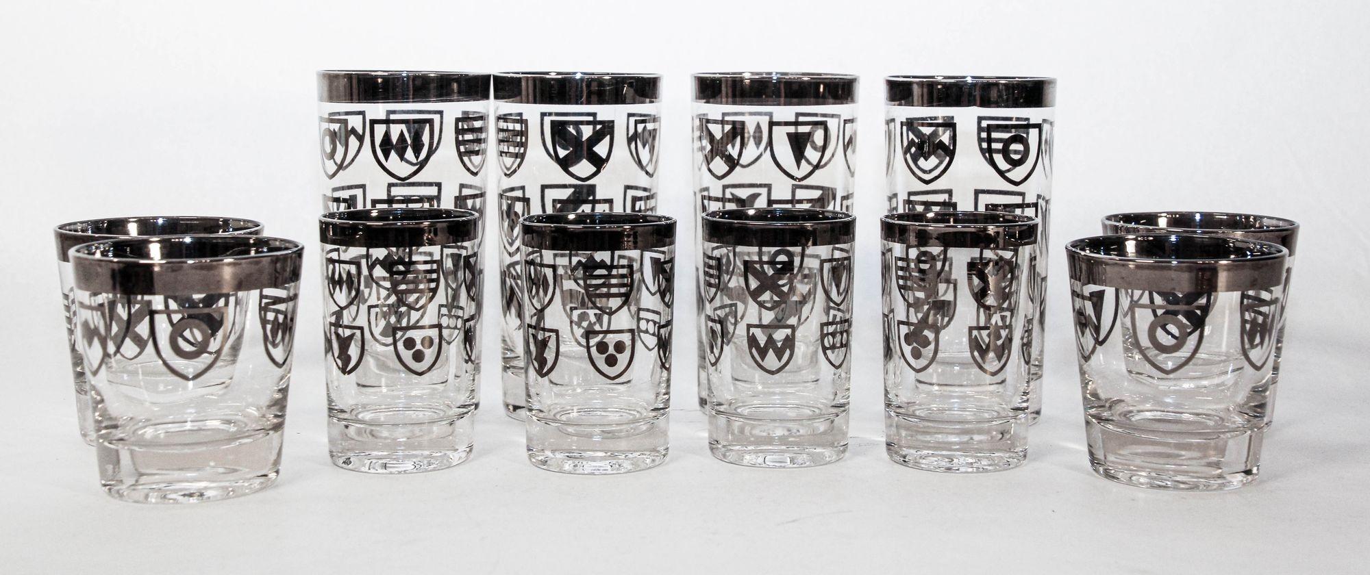 Mid-Century Modern Vintage Japanese Kimiko Silver Band Cocktail Glasses Set of 12 Barware For Sale
