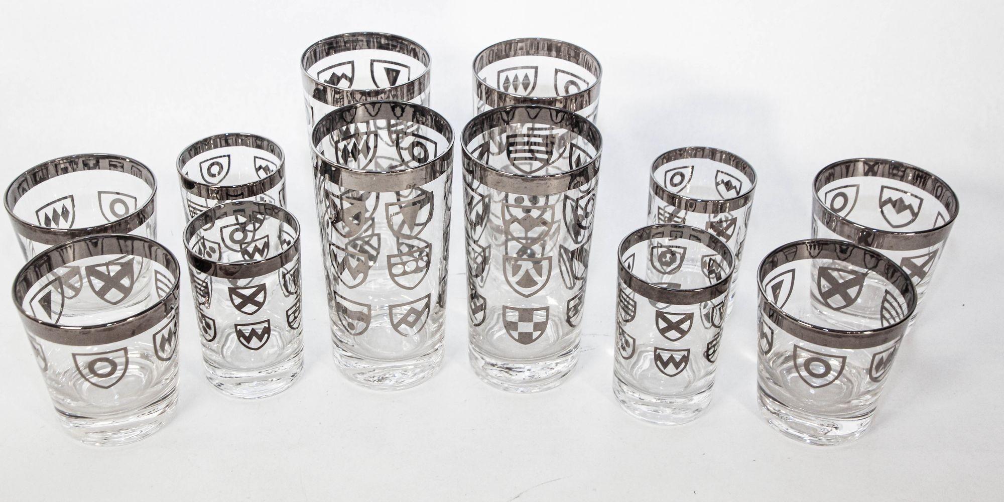 Hand-Crafted Vintage Japanese Kimiko Silver Band Cocktail Glasses Set of 12 Barware For Sale