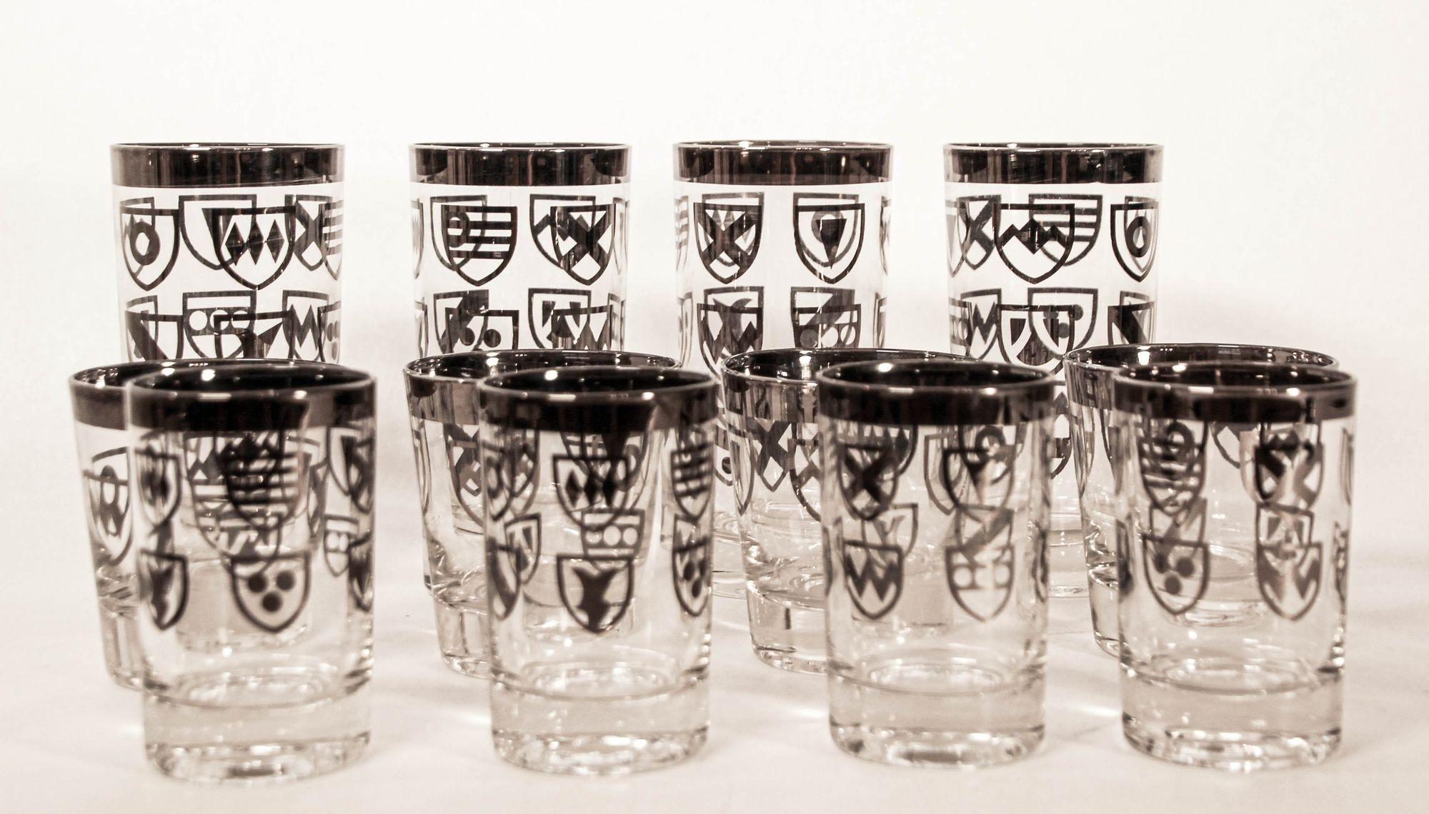 Vintage Japanese Kimiko Silver Band Cocktail Glasses Set of 12 Barware In Good Condition For Sale In North Hollywood, CA