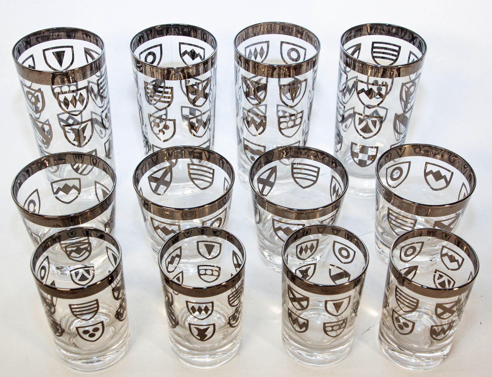 20th Century Vintage Japanese Kimiko Silver Band Cocktail Glasses Set of 12 Barware For Sale