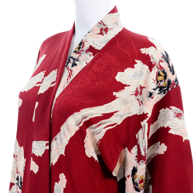 Vintage Japanese Kimono in Burgundy Tonal Floral Silk W White Floral ...