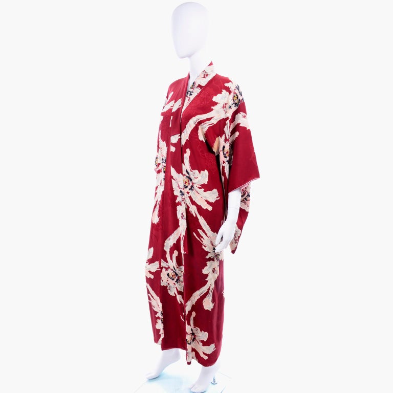 Vintage Japanese Kimono in Burgundy Tonal Floral Silk W White Floral ...