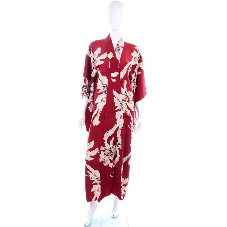 Vintage Japanese Kimono in Burgundy Tonal Floral Silk W White Floral ...