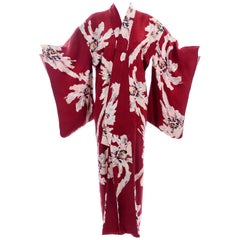 Antique Japanese Kimono in Burgundy Tonal Floral Silk W White Floral Print