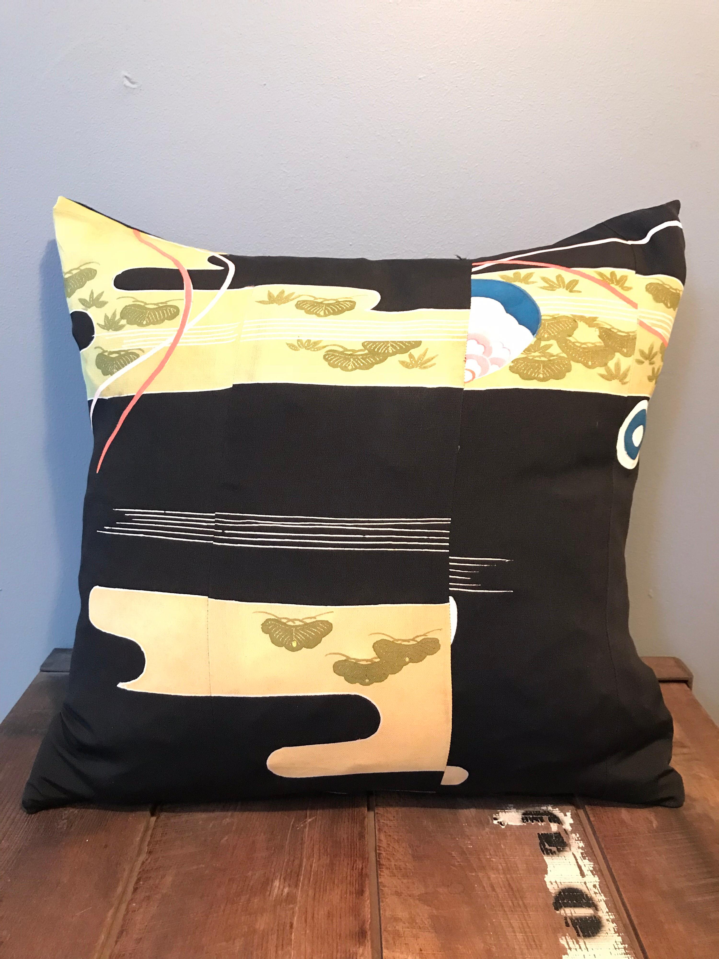 Beautiful and unique pair of vintage silk cushions made from a Japanese wedding Kimono.
Each set is unique and made from hand picked kimonos.
This pair has lovely traditional printed wedding patterns and with feather filling.
Measurements are 45