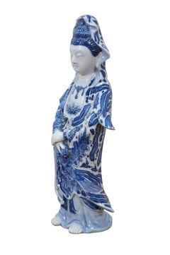 Vintage Japanese Kutani Blue White Porcelain Quan Yin Goddess Statue 10"