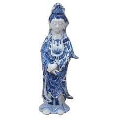 Vintage Japanese Kutani Blue White Porcelain Quan Yin Goddess Statue 10"
