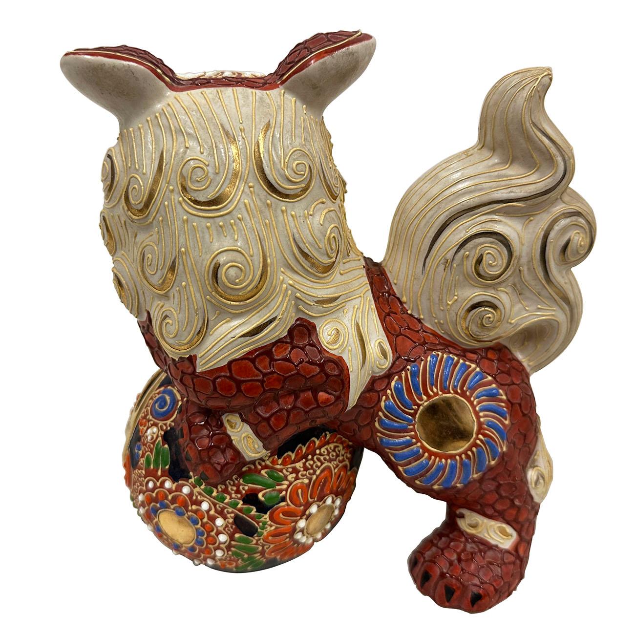 Anglo-Japanese Vintage Japanese Kutani Colorful Ornate Foo Dog Statue For Sale