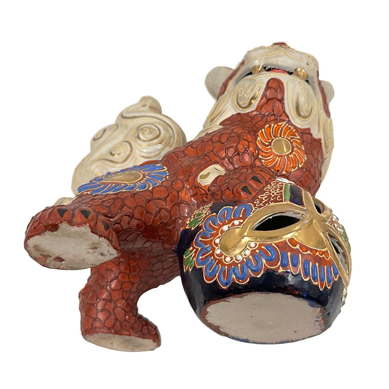 Porcelain Vintage Japanese Kutani Colorful Ornate Foo Dog Statue For Sale