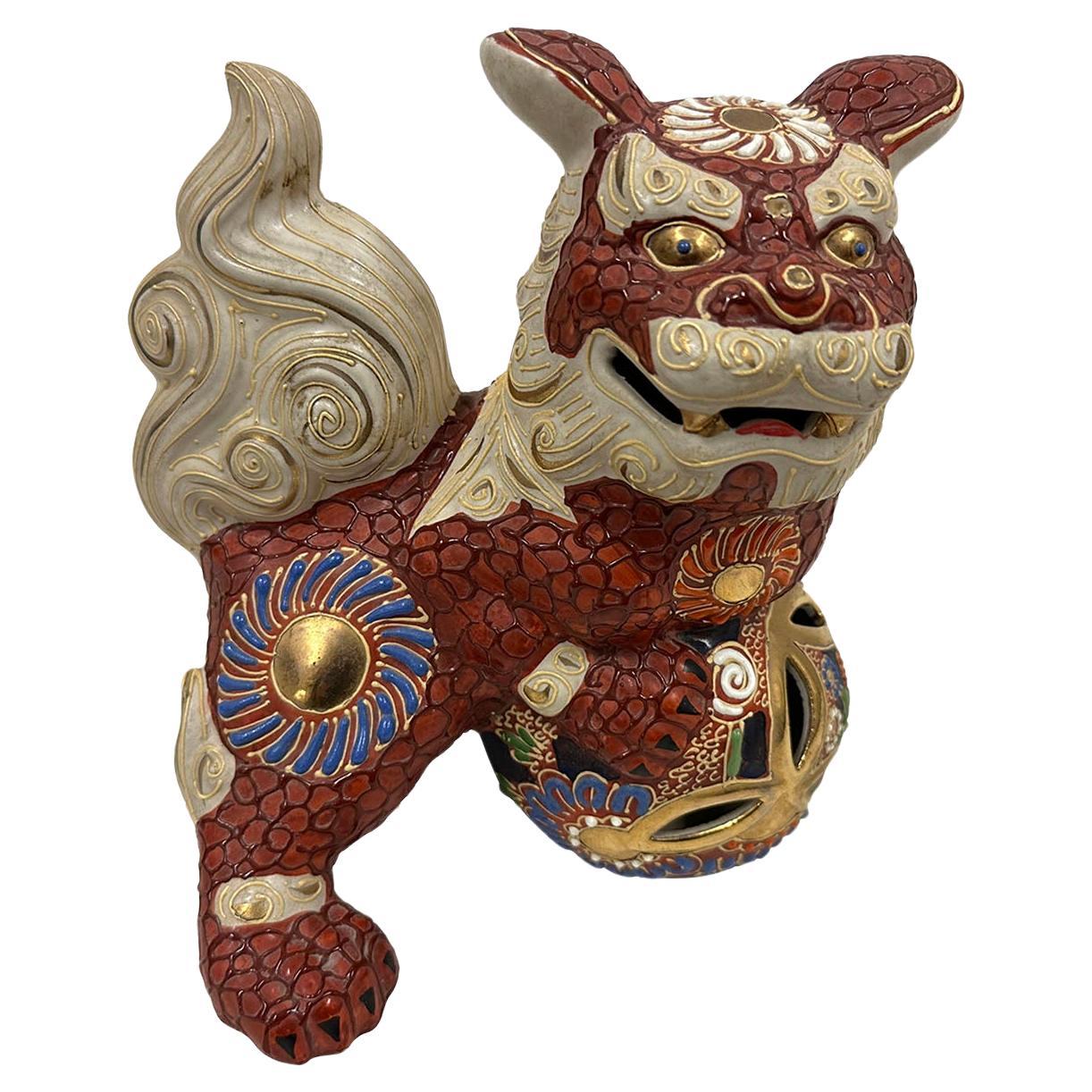 Vintage Japanese Kutani Colorful Ornate Foo Dog Statue For Sale