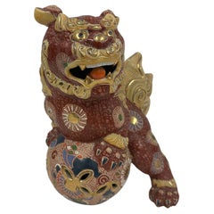 Estatua de Perro Foo Vintage Japonés Kutani Colorido Ornamentado