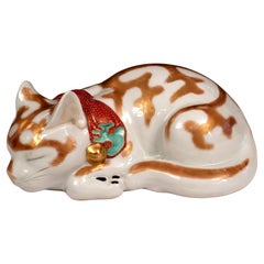 Vintage Japanese Kutani Porcelain Sleeping Cat Figure Circa 1930 Large 10"