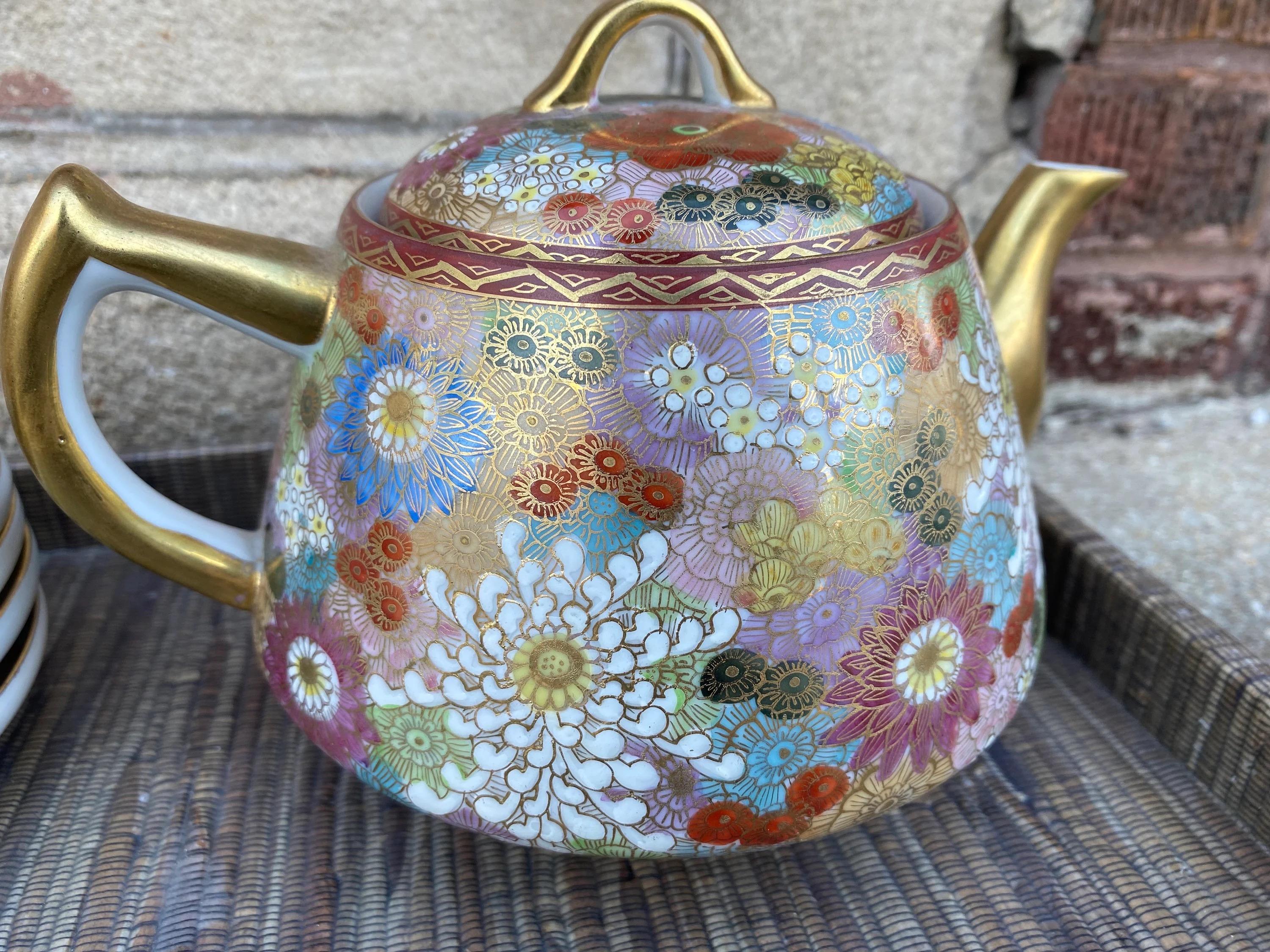 20th Century Vintage Japanese Kutani Porcelain Tea Set Thousand Flowers Pattern - Set