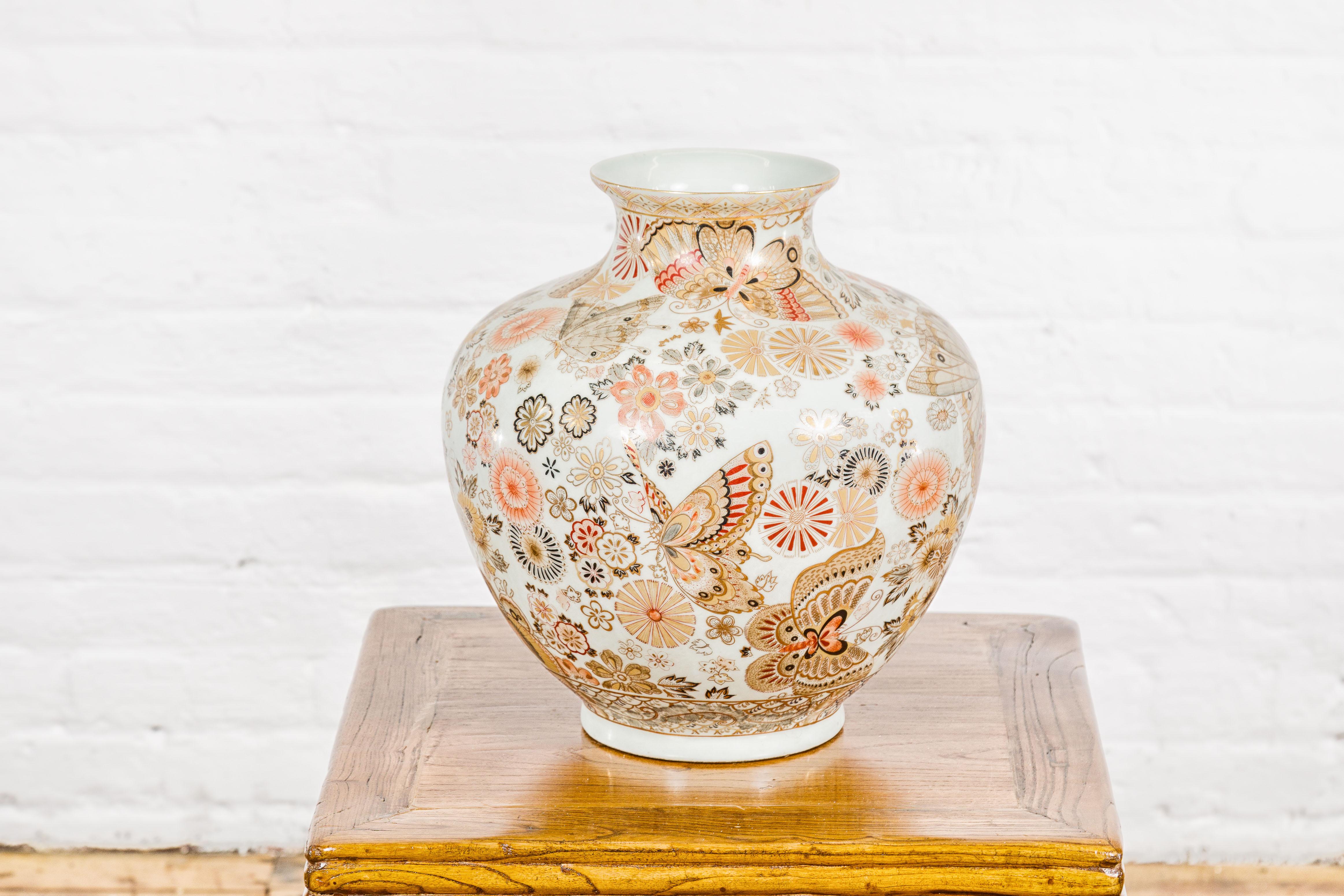Vintage Japanese Kutani Style Vase with Flowers and Butterflies For Sale 5