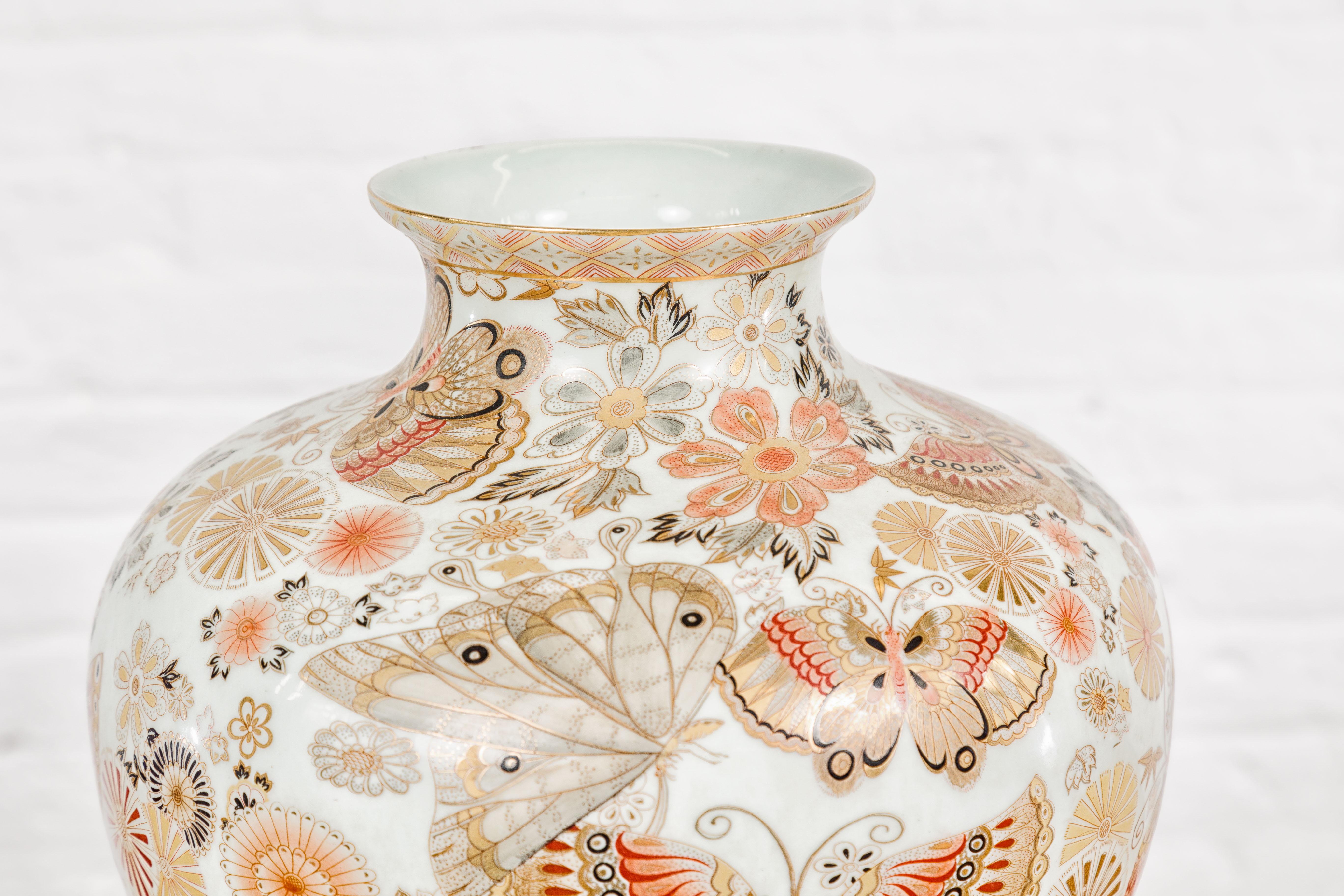 20th Century Vintage Japanese Kutani Style Vase with Flowers and Butterflies For Sale