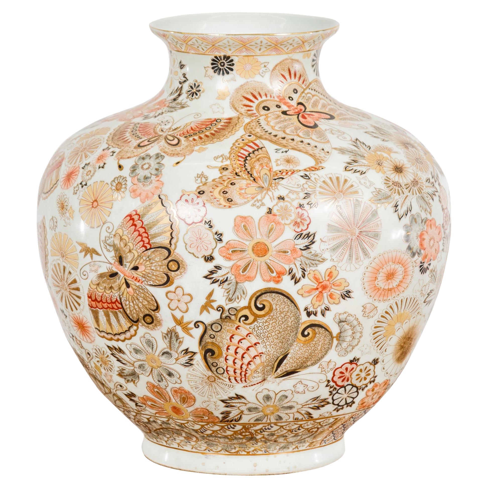 Vintage Japanese Kutani Style Vase with Flowers and Butterflies For Sale