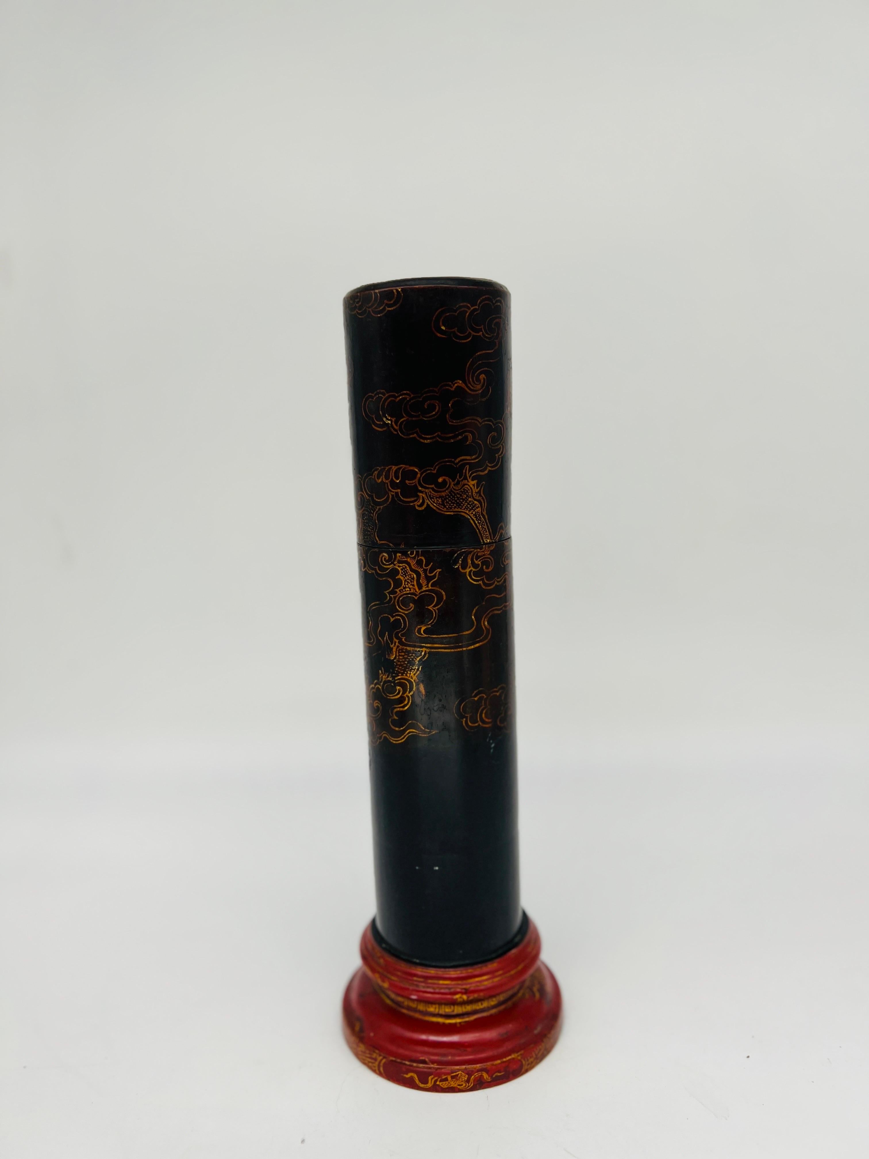 Vintage Japanese Lacquerware Cylindrical Fireplace Matchstrike Box In Good Condition For Sale In Atlanta, GA