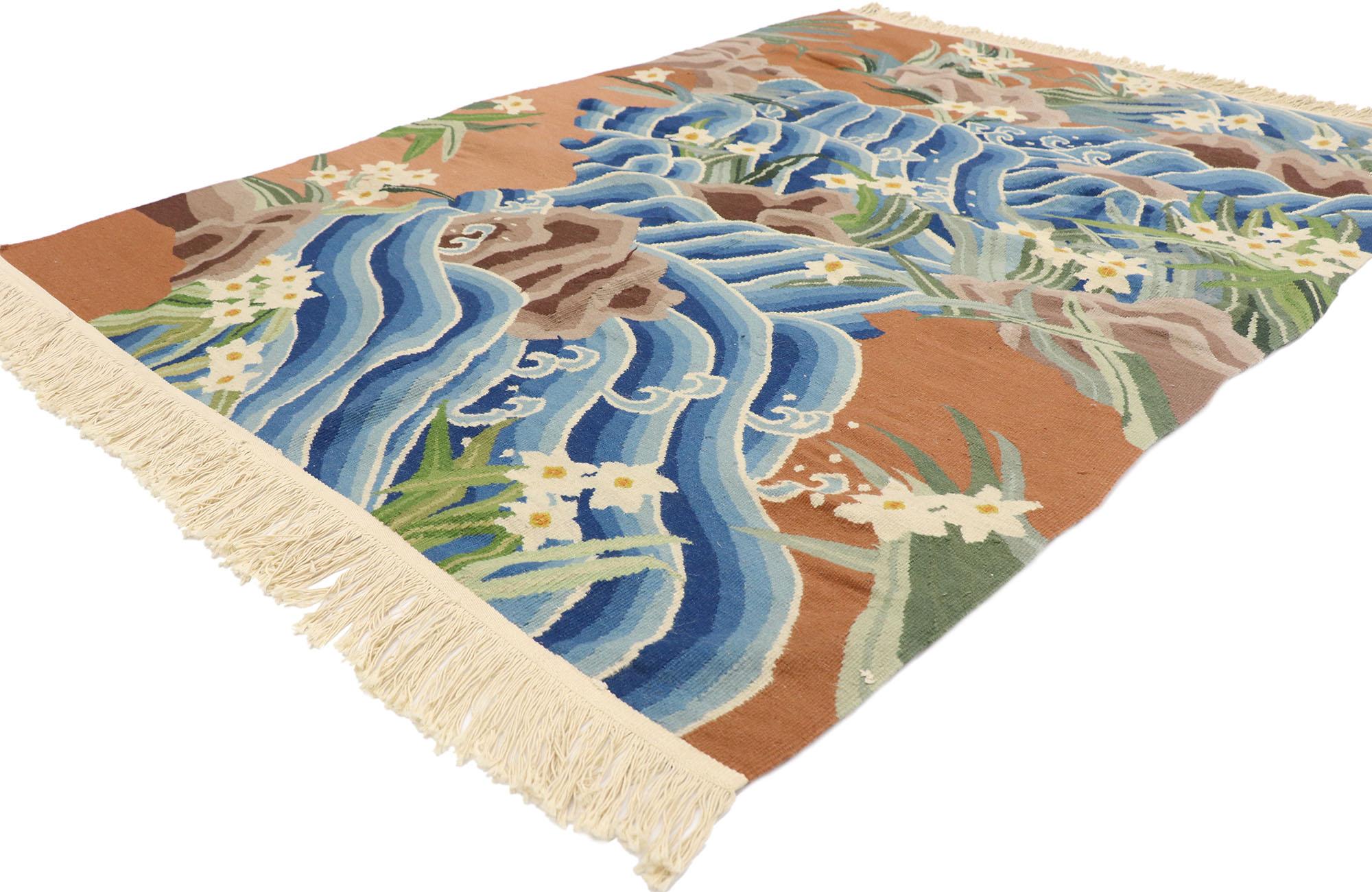 77937 Vintage Japanese Pictorial Kilim Rug Inspired by Katsushika Hokusai, 04'03 x 05'10. 
Japonisme meets Biophilia in this handwoven wool vintage Japanese kilim rug. The nature-inspired design and decorative use of color woven into this piece will