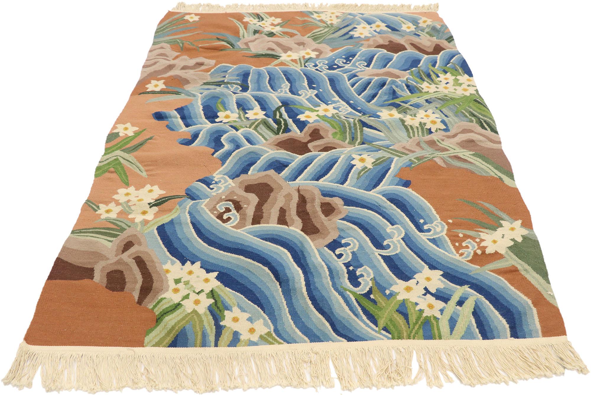 Hand-Woven Vintage Japanese Landscape Pictorial Kilim Rug, Japonisme Meets Biophilia  For Sale