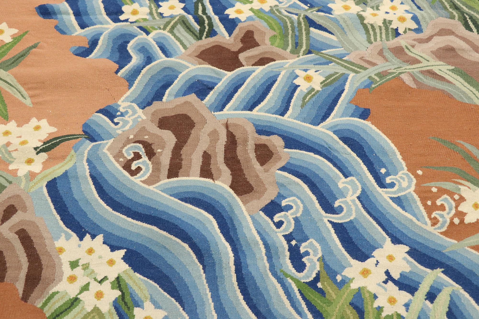 Japanese Landscape Pictorial Kelim-Teppich, Japonisme Meets Biophilia, Japanische Landschaft, Vintage  (Handgewebt) im Angebot