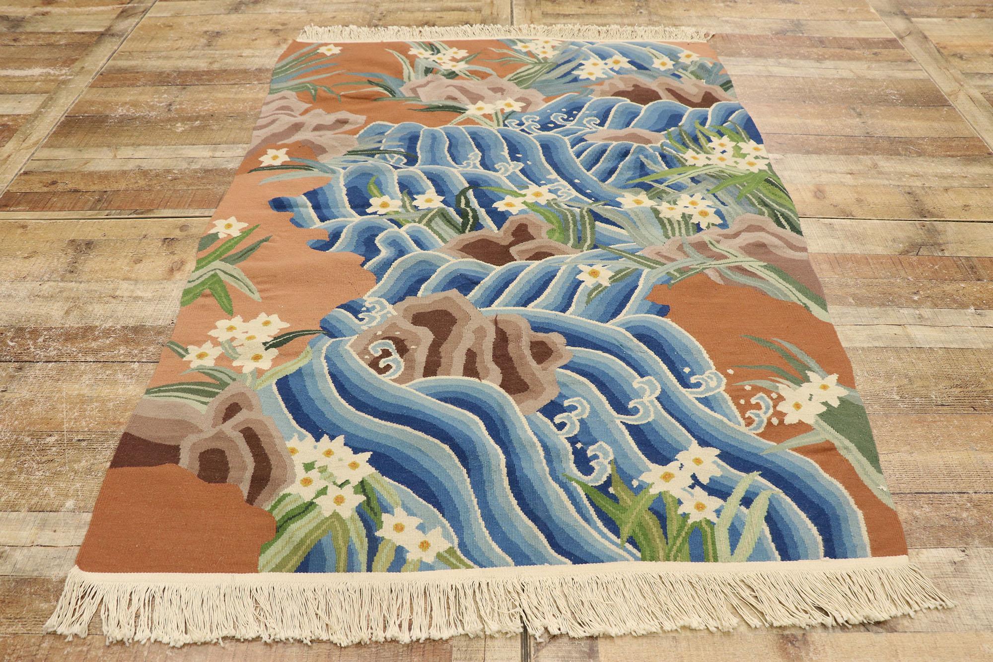 Japanese Landscape Pictorial Kelim-Teppich, Japonisme Meets Biophilia, Japanische Landschaft, Vintage  (Wolle) im Angebot
