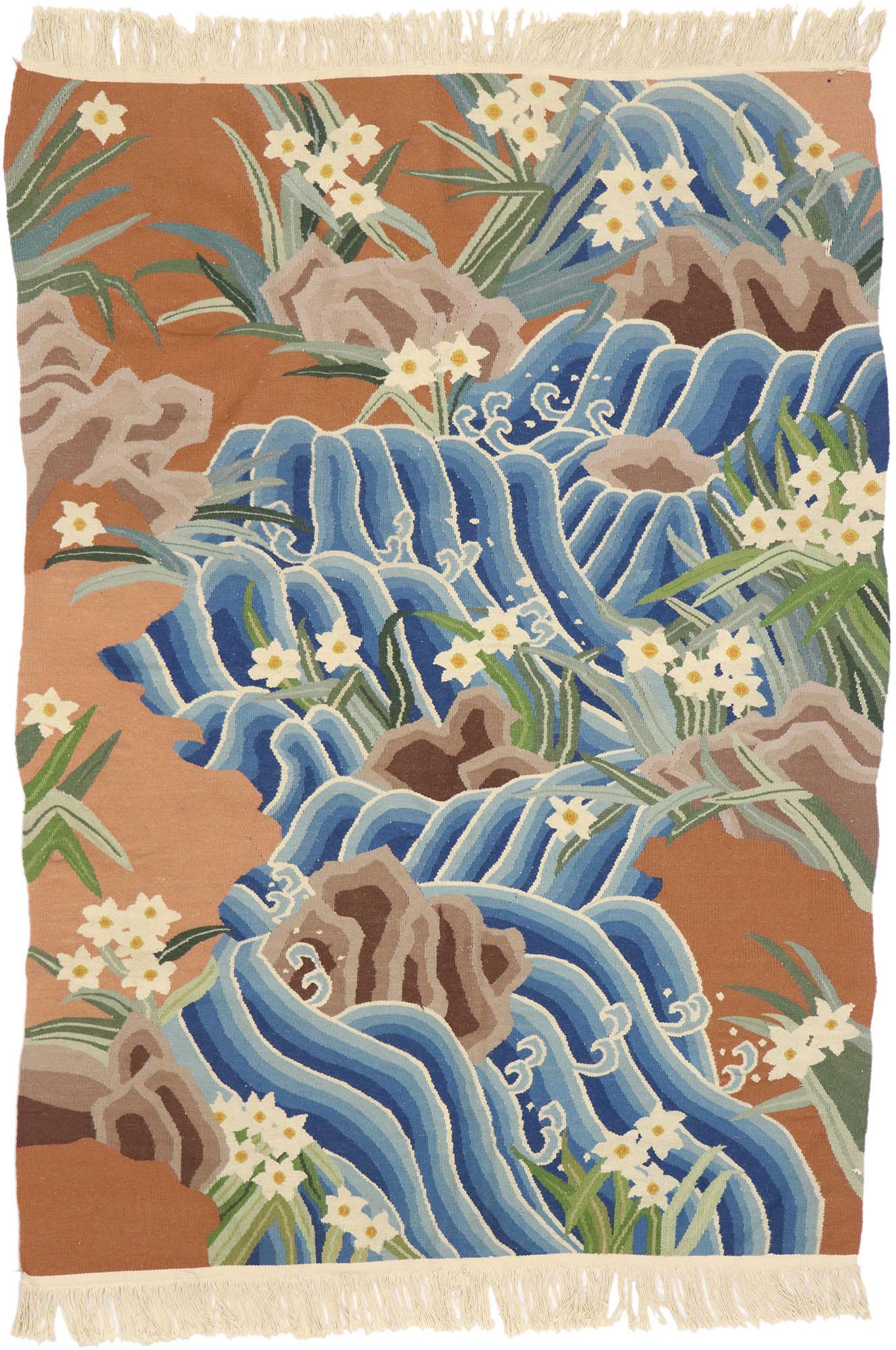 Japanese Landscape Pictorial Kelim-Teppich, Japonisme Meets Biophilia, Japanische Landschaft, Vintage  im Angebot 1