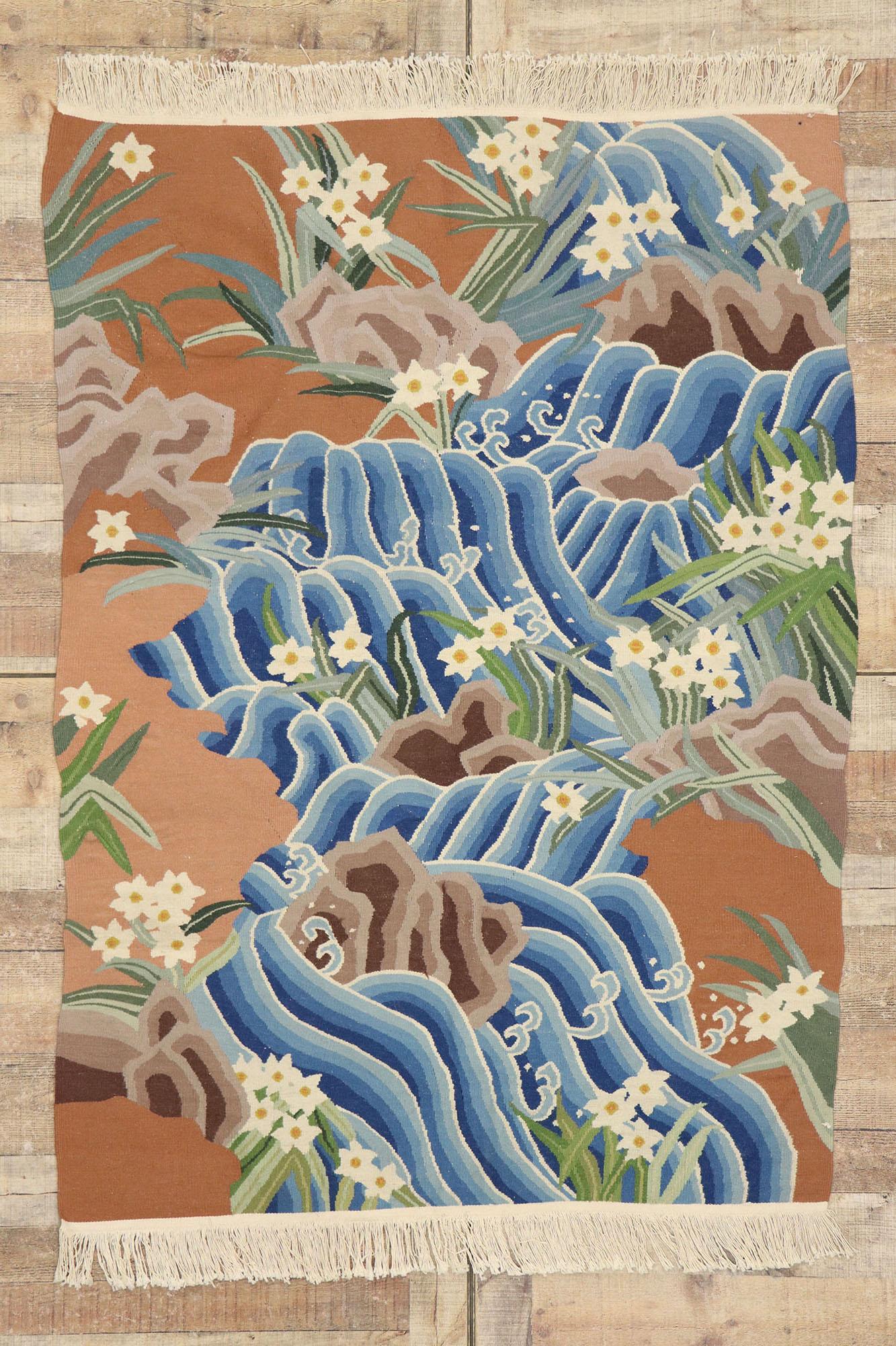 Japanese Landscape Pictorial Kelim-Teppich, Japonisme Meets Biophilia, Japanische Landschaft, Vintage  im Angebot 2