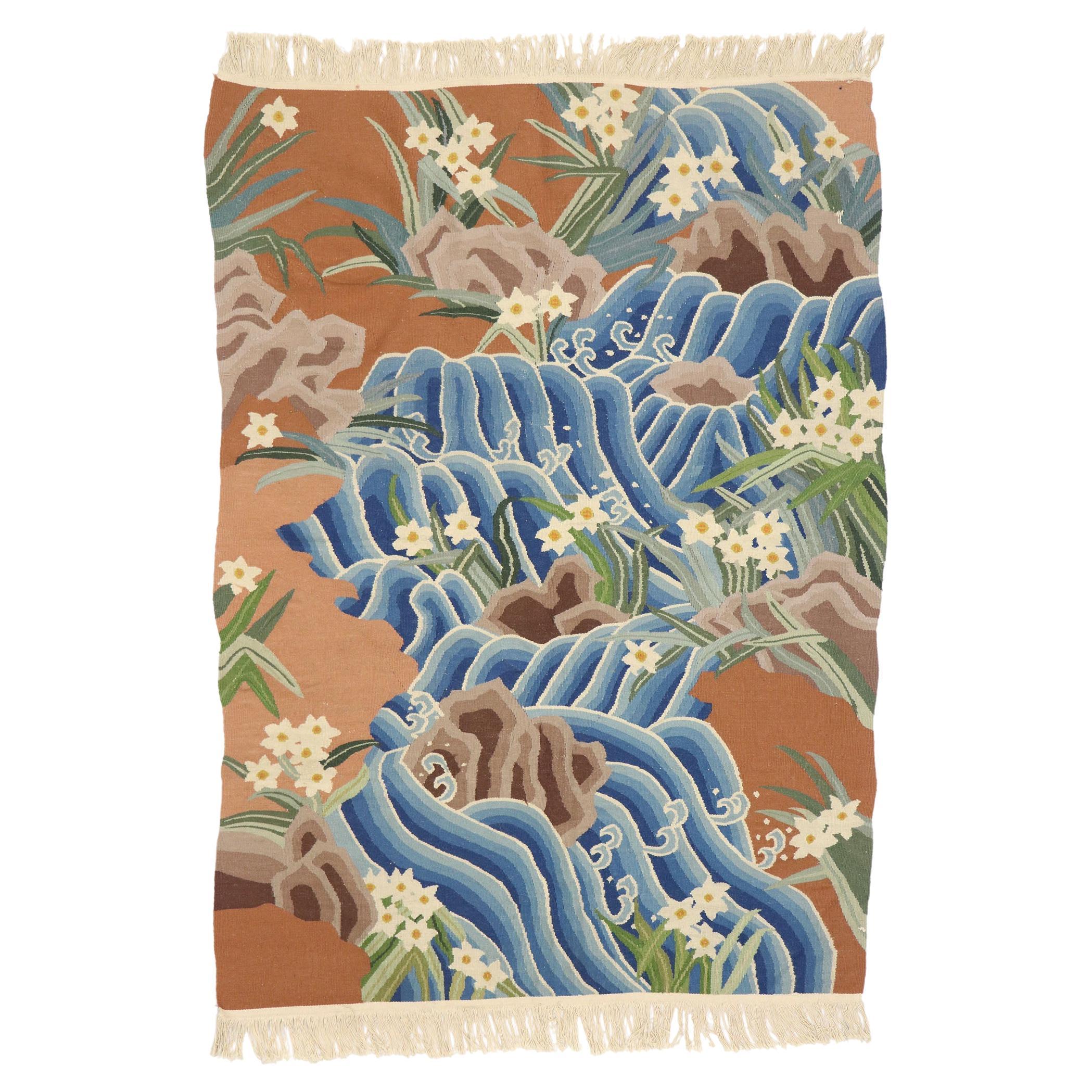 Vintage Japanese Landscape Pictorial Kilim Rug, Japonisme Meets Biophilia 
